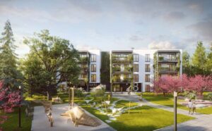 Wizualizacja prototypowego, wielorodzinnego, efektywnego energetycznego budynku modułowego