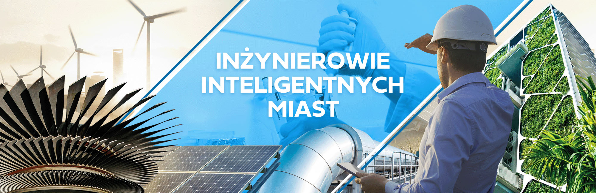 Baner przedstawia turbinę, panele słoneczne, roślinność oraz pracownika